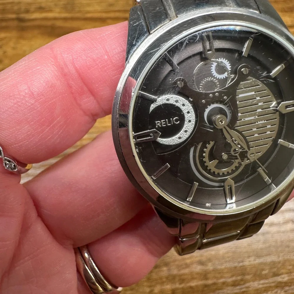 Relic by Fossil Mens Watch ZR77121 Stainless Steel Skeleton Dial Silver Black